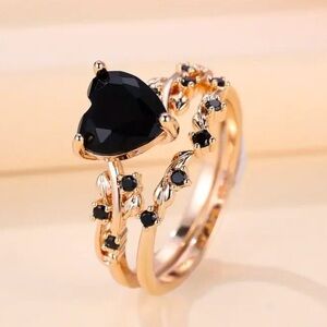 Black Heart Floral Engagement Ring 18K Gold Plated Statement Size 8 NWT